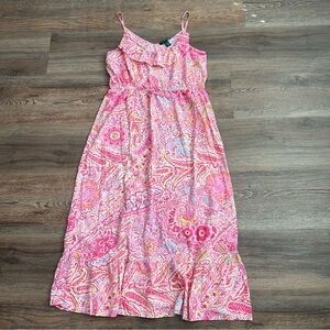 Lauren Ralph Lauren Pink Paisley Maxi Dress Size Large Boho Ruffle Sundress